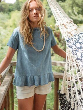 Sézane Chambray Ruffle Back Blouse Size 38 Blue Denim Top